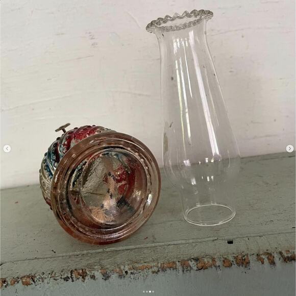 Vintage Glass Oil Lamp Mini Red Blue Swirl Bottom Clear Scalloped Top Hong Kong - Picture 3 of 4